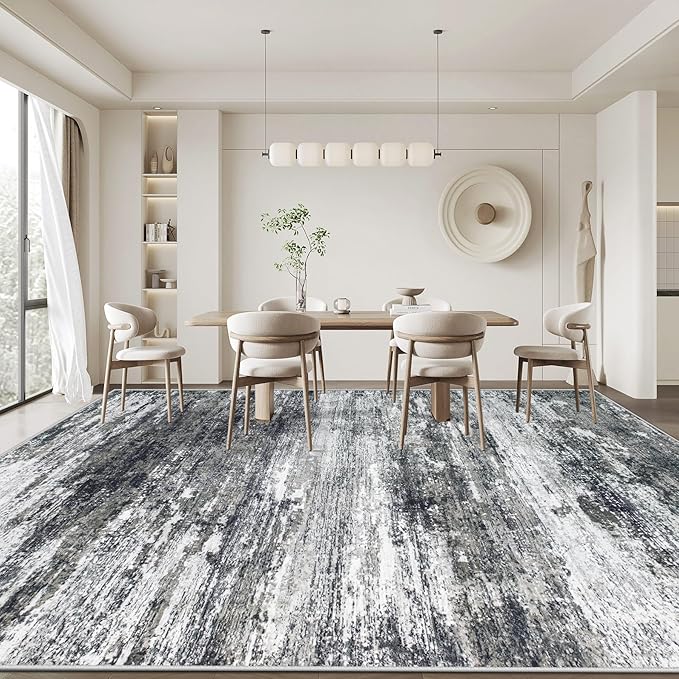 Washable Rug 9x12 Area Rugs for Living Room: Large Neutral Soft Rug Abstract Non Slip Low Pile Modern Carpet for Bedroom Kitchen Nursery Office Dining Room Indoor (Black, 9'x12')