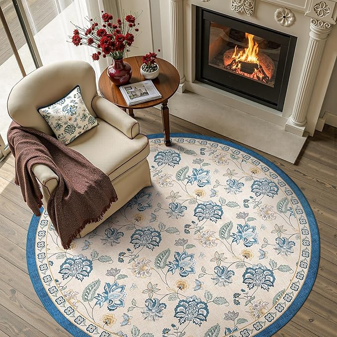 jinchan 5ft Floral Round Rug for Entryway Washable Kitchen Rug Vintage Romance Design Non Slip Indoor Doormat Lightweight Low-Profile Throw Carpet for Living Room Dining Room Bedroom, Blue/Beige