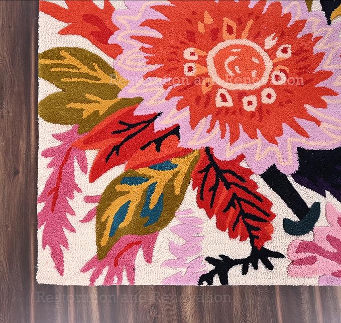 Handmade Wool Floral Area Rug for Living Room | Elegant Flower Garden Design, Soft, Thick and Durable | Bedroom, Dining Room & Home Decor Carpet (2.6' x 8', Floral E)