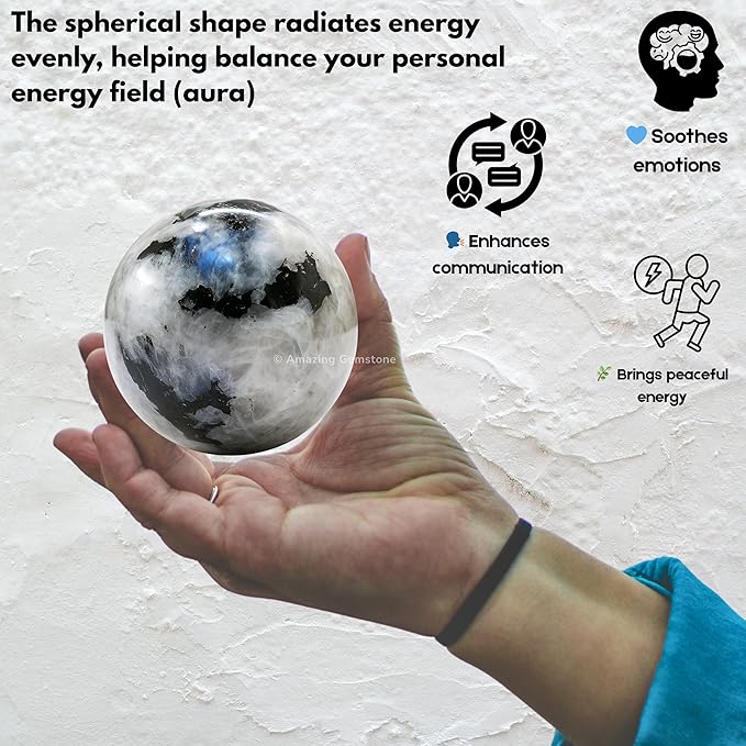 Amazing Gemstone Rainbow Moonstone Crystal Ball with Stand - 2 Inches Crystal Sphere Meditation Balls for Witchcraft and Decorative Balls
