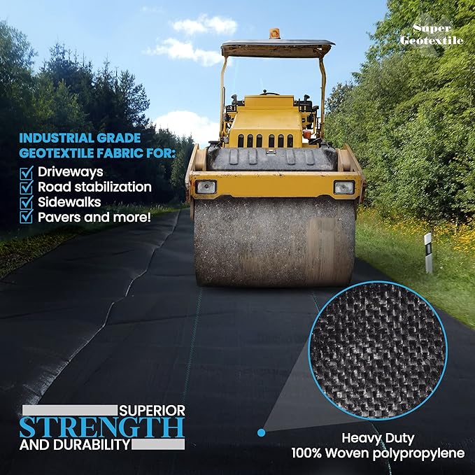Woven Geotextile Fabric for Driveway and Road Stabilization, Construction Underlayment, Erosion Control, Commercial Grade 50 Year for Gravel Roads and Pavers (6x250)