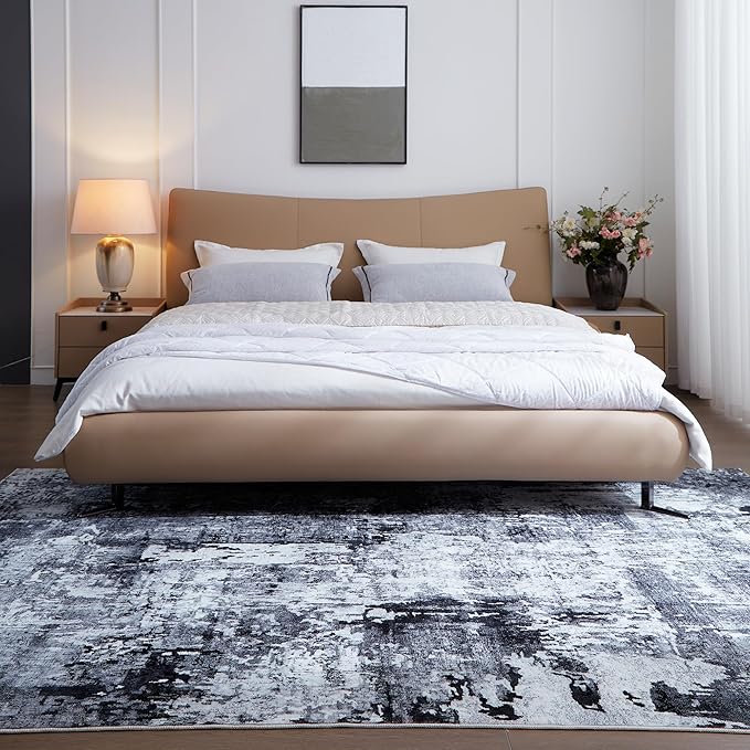 6x9 Rug Washable Bedroom Rug Large Soft Area Rug Abstract Pattern Non-Slip Faux Wool Vintage Rug for Living Room, Farmhouse, Dining Room, Kids Playroom, Grey and Black