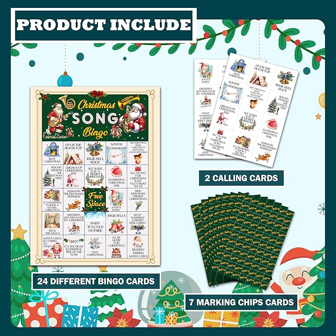Christmas Bingo Games for 24 Players, Christmas Song Bingo Cards for Adults Large Group, Winter Hoilday Party Supplies, Family Activities New Year Favors -06