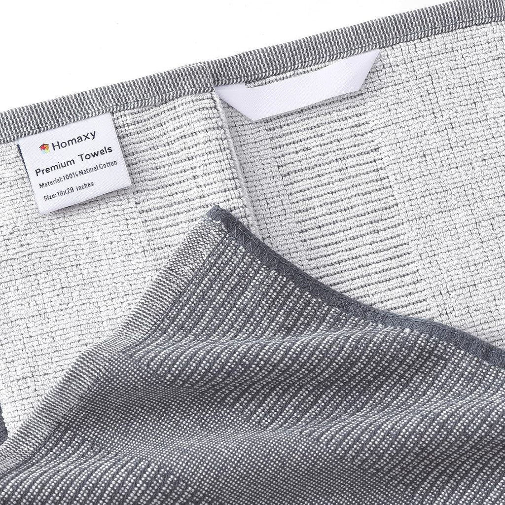 Homaxy Premium Kitchen Towels(18”x 28”, 6 Pack), Large Cotton Kitchen Hand Towels, Flat and Terry Dish Towels, 380 GSM Highly Absorbent Tea Towel Set with Hanging Loop, Grey/Khaki/Black