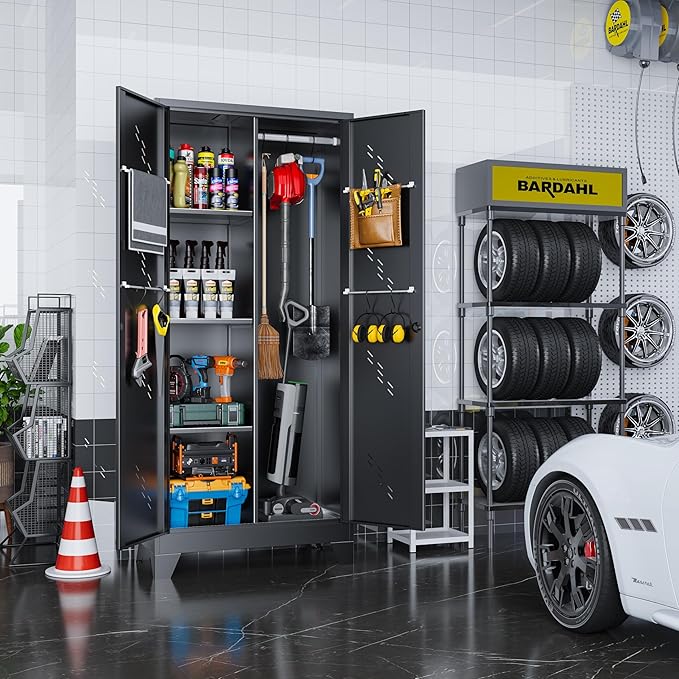 Metal Garage Storage Cabinet with Locking Doors, 71" Tall Broom Closet Storage Cabinet, Heavy Duty Garage Organization Cabinets, Steel Cabinet with Hanging Rod, Assembly Required