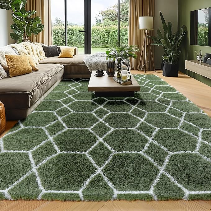 ONASAR Area Rugs for Bedroom Living Room, Washable 4x6 Fluffy Olive Green and White Throw Rug, Shaggy Geometric Floor Mat for Home Decor Aesthetic, Soft Plush Fuzzy Carpet for Nursery Kids Teen Dorm