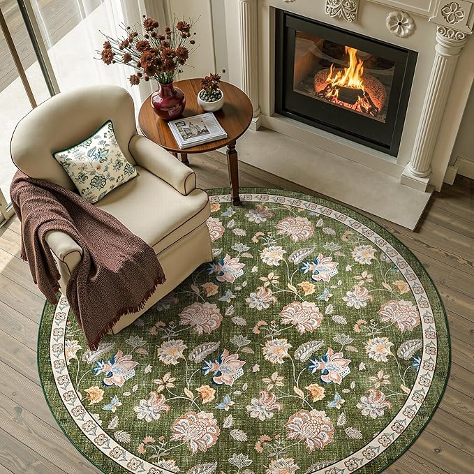 jinchan 5ft Floral Round Rug for Entryway Washable Kitchen Rug Vintage Romance Design Non Slip Indoor Doormat Lightweight Low-Profile Throw Carpet for Living Room Dining Room Bedroom, Green