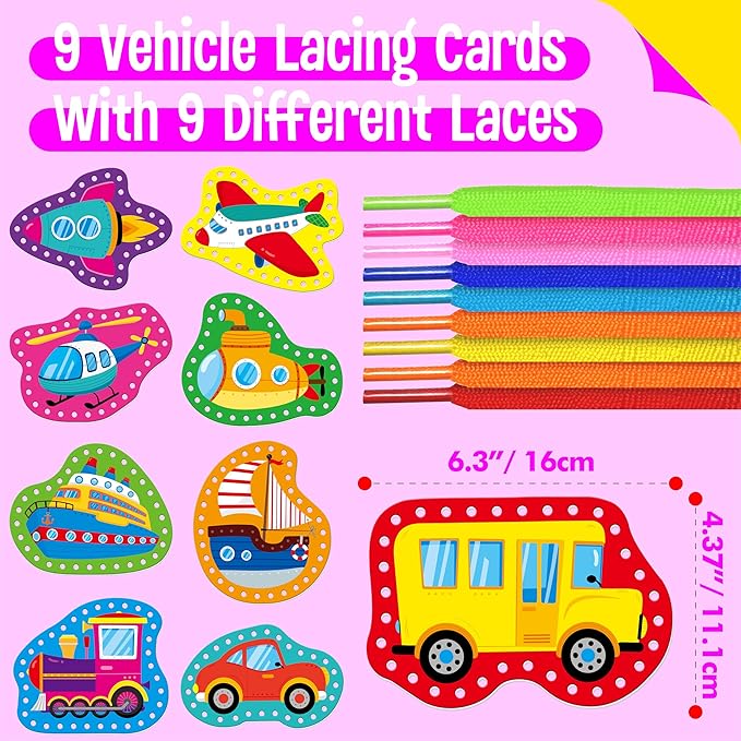 9 Pieces Kids Lacing Cards, Double Sided Vehicle Sewing Cards with 9 Colorful Laces, Imagination Development Lacing Toys Games for Children Educational and Learning Activity