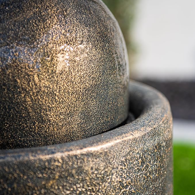 XBrand 25.98" H Round Stone Indoor/Outdoor Modern Stone Textured Sphere Water Fountain w/LED Lights, Ball Water Fountain Decor, Garden Sphere Fountain, Patio Fountain, Outdoor Fountain, Bronze