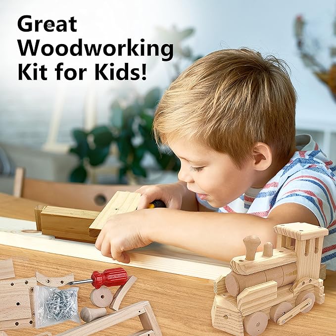 Kraftic Woodworking Building Kit for Kids and Adults, 2 Educational DIY Carpentry Construction Wood Model Kit Toy Projects for Boys and Girls - Build a Wooden Town Hall Birdhouse and Train