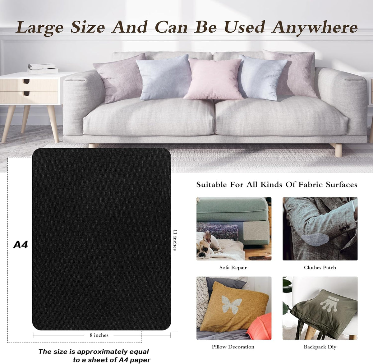 KING MOUNTAIN Fine Linen Repair Patches, Self-Adhesive Linen Fabric Patches, 8X11 inch Extra Size, Multi Color, Can be Used for Linen Sofa Repair and Linen Clothes Repair(Black,8" x 11")