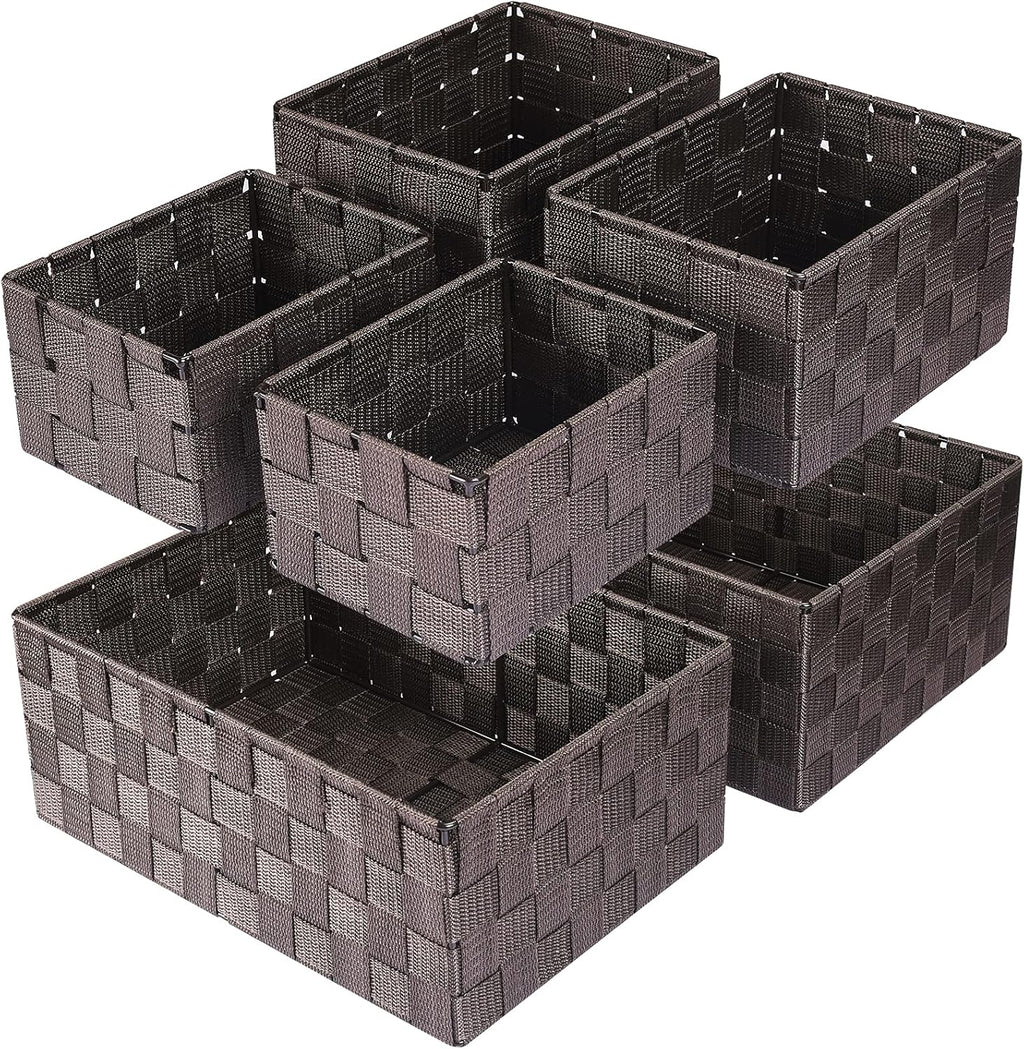 Woven Storage Baskets, Storage Bins, Cube Basket Container Baskets Storage Boxes Organizers for Clothes /Shelves/ Closet, Set of 6 (Brown)
