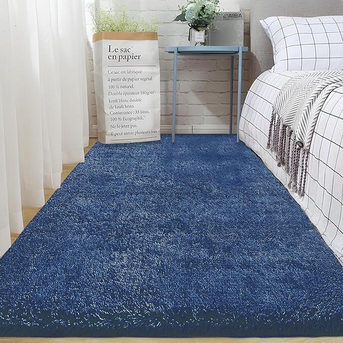 2x6 Runner Rug for Bedroom: Fluffy Shag Soft Washable Rugs Small Fuzzy Plush Indoor Carpet for Hallway Bedside Dorm Kids Girls Boys Room (Navy Blue, 2'x6')