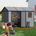 10x8 FT Resin Outdoor Storage Shed with Floor, Weather-Resistant Plastic Garden Shed with Windows, Lockable Door and Vents, Outside Tool Storage Sheds for Backyard, Garden, Lawn, Wood Grain