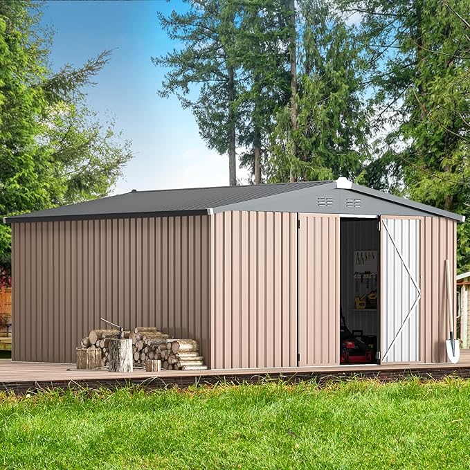AECOJOY 12' x 12' Shed Metal, Outdoor Storage Sheds & Outdoor Storage 12' x 12' with Lockable Doors, Large Steel Yard Shed, Utility and Tool Storage for Garden, Backyard, Patio, Outside use in Grey