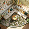 jinchan Floral Corner Rug for Living Room Washable Bedroom Rug Vintage Romance Design Non Slip Quarter Circle Lightweight Low-Pile Throw Carpet for Reading Nook Playroom,7ft Radius, Green