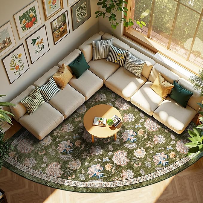 jinchan Floral Corner Rug for Living Room Washable Bedroom Rug Vintage Romance Design Non Slip Quarter Circle Lightweight Low-Pile Throw Carpet for Reading Nook Playroom,7ft Radius, Green