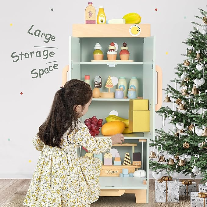 Wooden Play Refrigerator with Ice Maker – Mint Green Kids Fridge Toy, 4 Wooden Ice Cubes & Cup, Quiet Click Handle, Montessori Pretend Play for Toddlers 3+