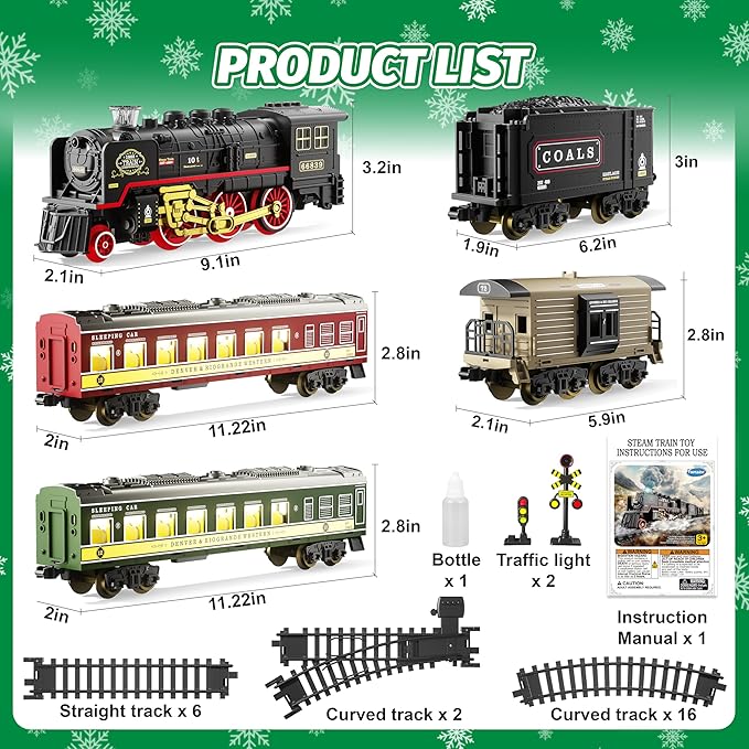 Funwee Train Set with Glowing Passenger Carriages for Under Christmas Tree,Electric Train Toy with Smoke,Light and Sound,Birthday Gifts Idea for 3 4 5 6 7+ Years Old Toddler Boys and Girls