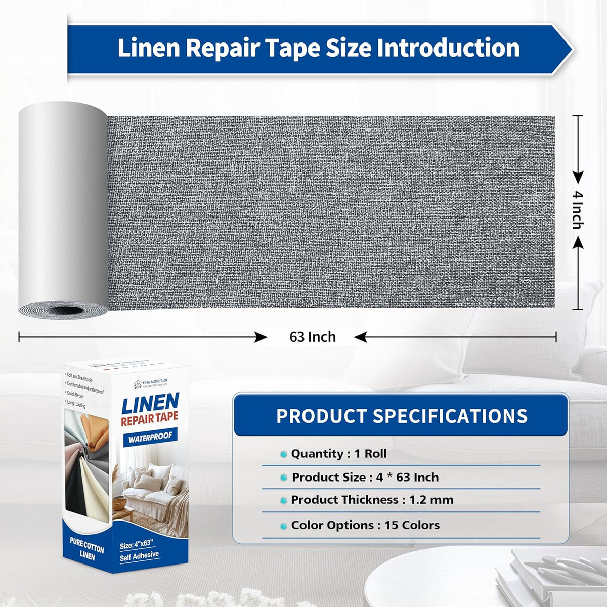 KING MOUNTAIN Linen Repair Patches, Self-Adhesive Fabric Patches, 4 X 63 inch Extra Size, Multi Color, Can be Used for Sofa Repair and Linen Clothes Repair (Grey)