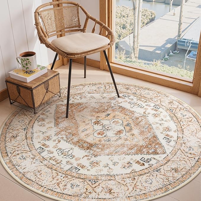 Lahome Boho Round Area Rug - 5Ft Machine Washable Round Bedroom Rugs Non-Slip Throw Large Round Rugs for Living Room, Oriental Distressed Print Circle Rugs for Office Dining Room Kitchen Classroom