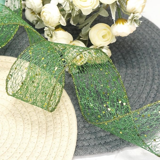 CT CRAFT LLC Sparkling Glitter Mesh Wired Ribbon 2.5" x 10 Yards Green for Christmas Home Decor Bow Gift Wrapping DIY Crafts Wreath