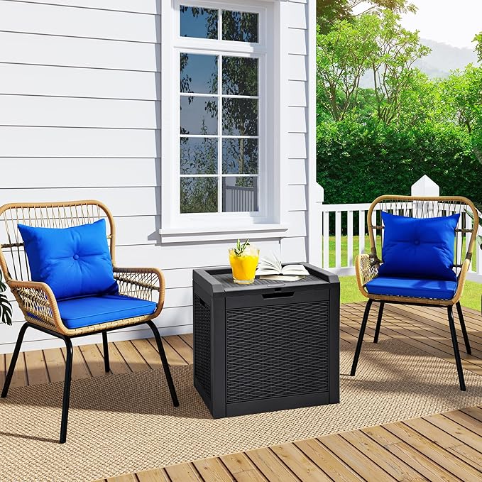 YITAHOME 32 Gallon Rattan Deck Box, Indoor Outdoor Storage Box for Patio Furniture, Pool Accessories, Cushions, Garden Tools, Sports Equipment, Waterproof Resin with Lockable Lid & Side Handles, Black