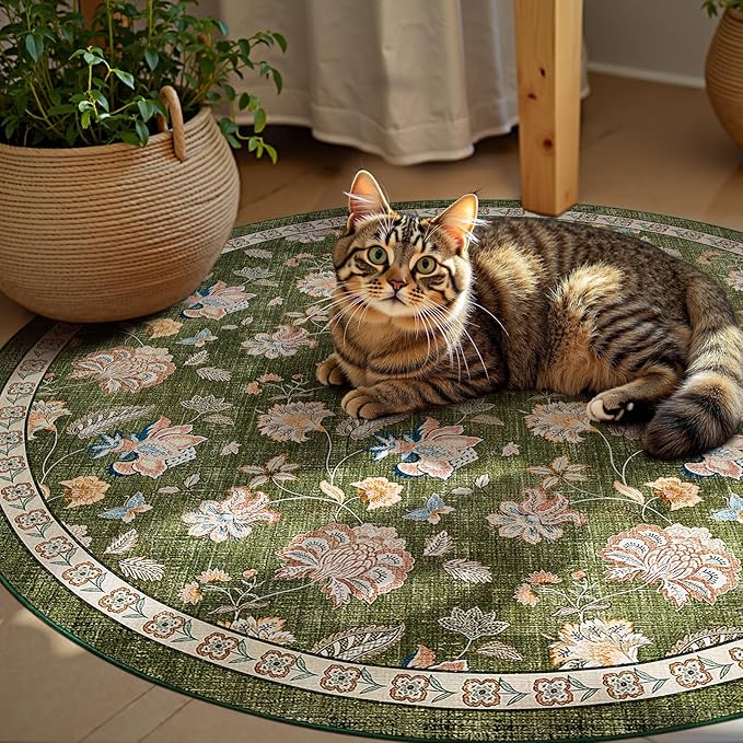 jinchan 5ft Floral Round Rug for Entryway Washable Kitchen Rug Vintage Romance Design Non Slip Indoor Doormat Lightweight Low-Profile Throw Carpet for Living Room Dining Room Bedroom, Green