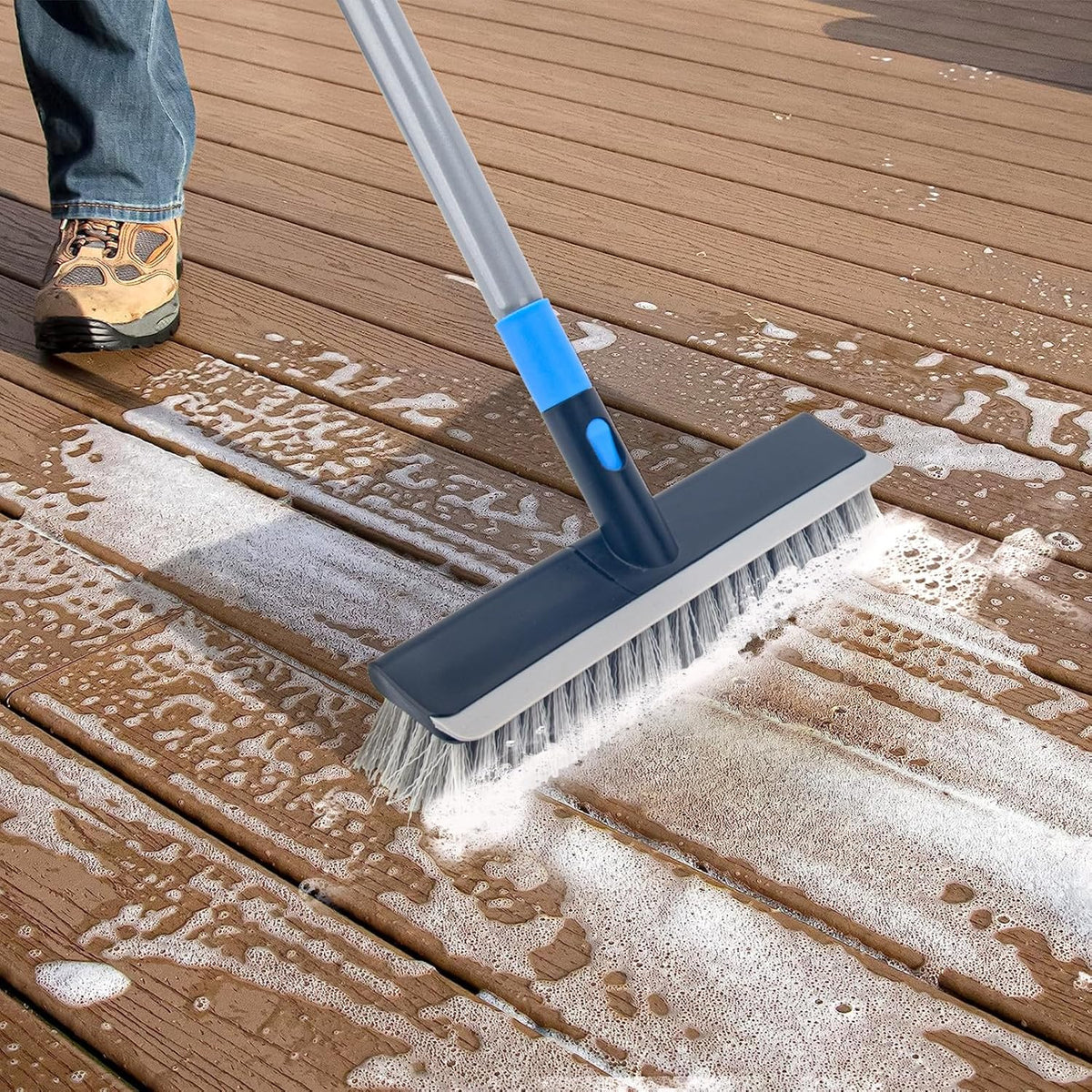 KeFanta Deck Brush with Long Handle, 2 in 1 Floor Scrub Brush for Cleaning, 56" Stiff Bristle Outdoor Scrubber Brush for Patio Concrete Boat Garage Bathroom Kitchen Wall Shower