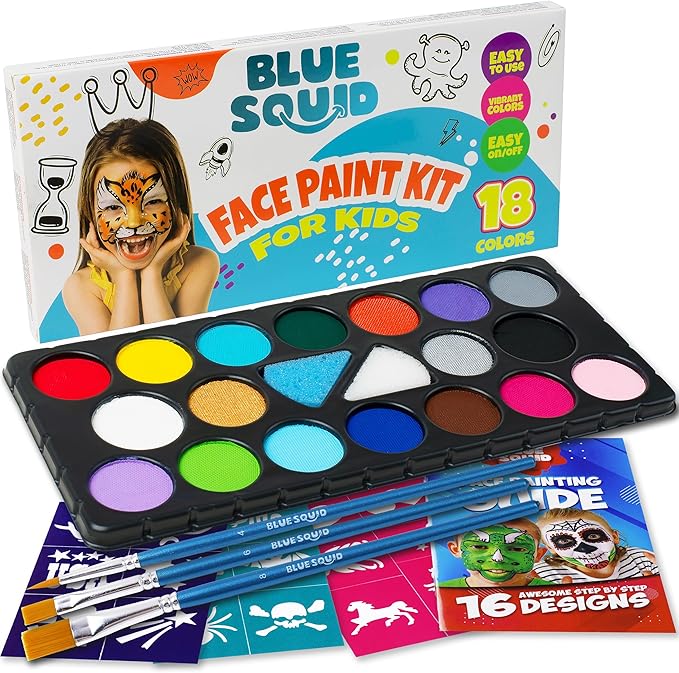 Blue Squid Face Painting Kit for Kids – 18 Colors Kids Face Paint Kit Palette with Stencils & Guided Tutorial, Water Activated Non Toxic Washable Professional Facepaint body set Halloween Party Makeup