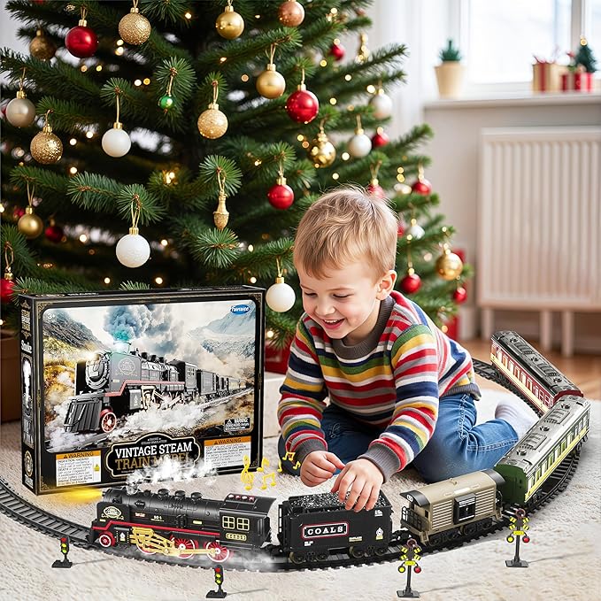 Funwee Train Set with Glowing Passenger Carriages for Under Christmas Tree,Electric Train Toy with Smoke,Light and Sound,Birthday Gifts Idea for 3 4 5 6 7+ Years Old Toddler Boys and Girls