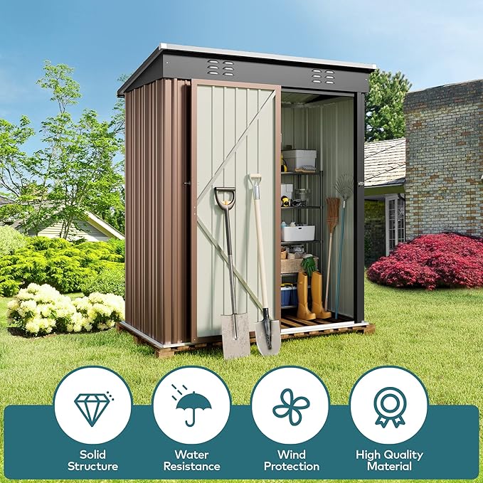 Gizoon 5' x 3' Outdoor Storage Shed with Singe Lockable Door,Galvanized Metal Shed with Air Vent Suitable for The Garden,Tiny House Storage Sheds Outdoor for Backyard Patio Lawn-Brown