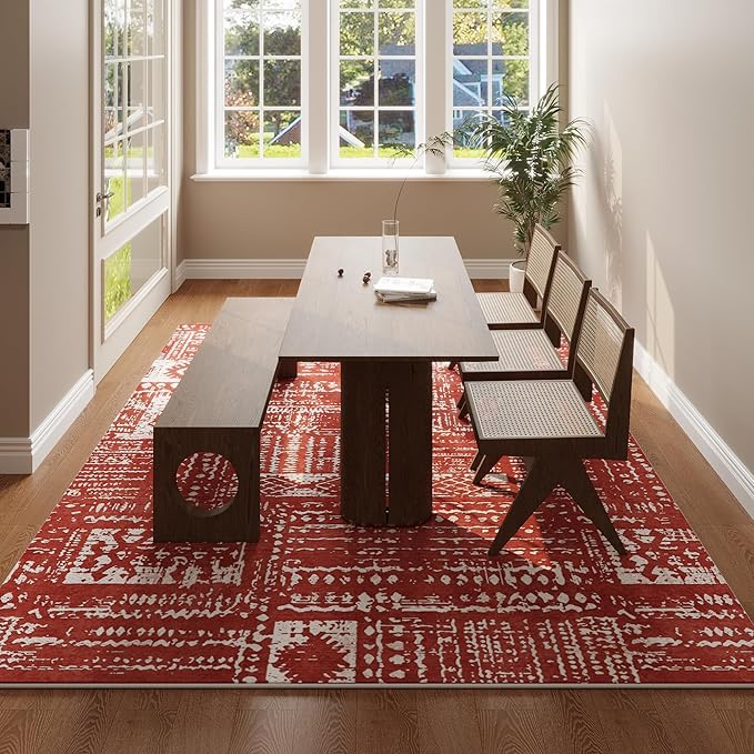 Living Room Rug 5x7 Rug Machine Washable Boho Area Rug Non Slip Moroccan Vintage Low Pile Large Rugs for Living Room, Bedroom, Farmhouse, Dining Room, Kids Playroom(Terracotta)