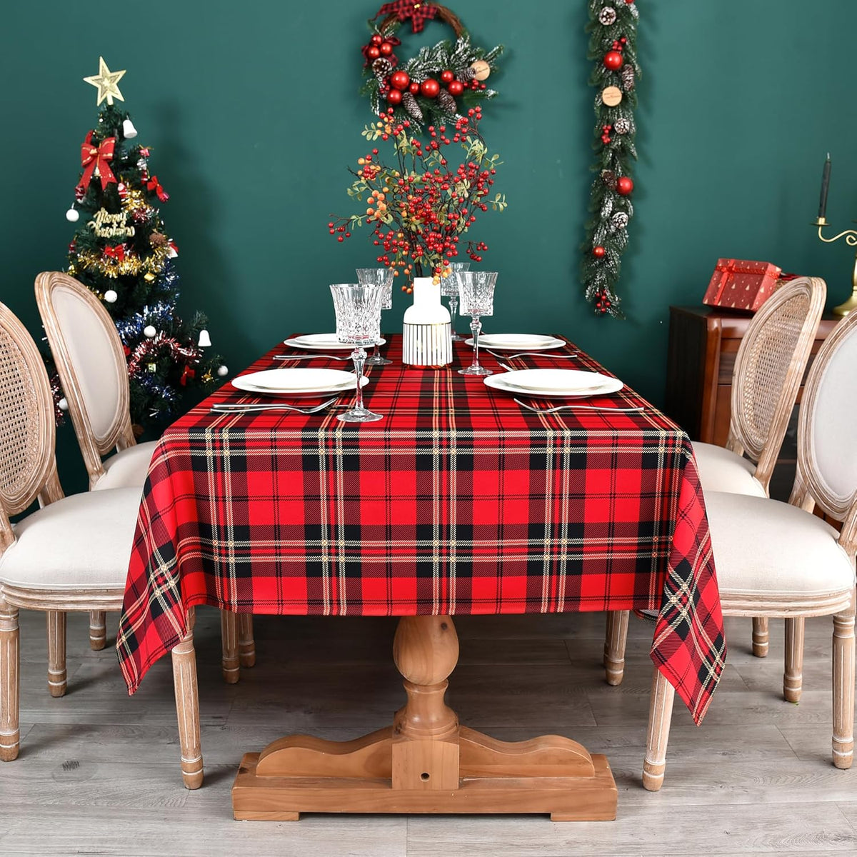 Waterproof Tartan Checkered Tablecloth Fabric - Rectangle 58x84 Inch Christmas Plaid Table Cloth for Indoor/Outdoor Use - Xmas Table Cover for Kitchen, BBQs, and Parties
