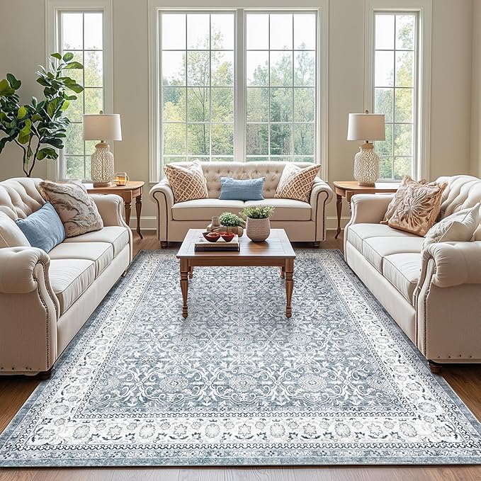 jinchan Floral 8x10 Area Rugs for Living Room - Machine Washable Vintage Distressed Boho Design Throw Rug Stain Resistant Carpet Low-Pile Thin Non-Slip for Bedroom Dining Room Nursery (8‘x10',Grey)