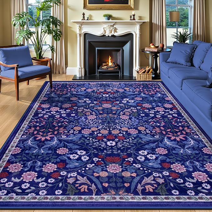 8x10 Area Rugs for Living Room: Floral Washable Rug Vintage Large Soft Boho Non-Slip Carpet Indoor Floor Stain Resistant Carpets for Bedroom Dining Room Farmhouse Nursery Home Office Blue
