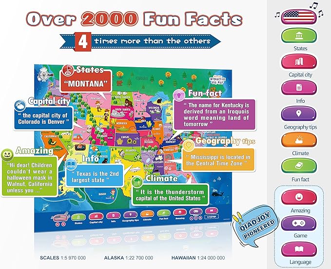 Bilingual Interactive for Kids Talking USA Map Alphabet Poster for Toddlers Learning and Educational Toys,Talking Educational Chart for Ages 3 to 12 Years Old,Learning ABC Letters for Preschool/Gift