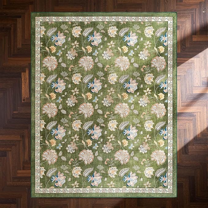 jinchan 8x10 Floral Rug for Living Room Washable Bedroom Rug Vintage Romance Design Non Slip Thin Indoor Floor Cover Large Low-Profile Throw Carpet for Dining Room Office, Green