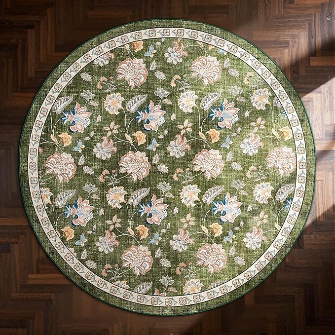 jinchan 5ft Floral Round Rug for Entryway Washable Kitchen Rug Vintage Romance Design Non Slip Indoor Doormat Lightweight Low-Profile Throw Carpet for Living Room Dining Room Bedroom, Green