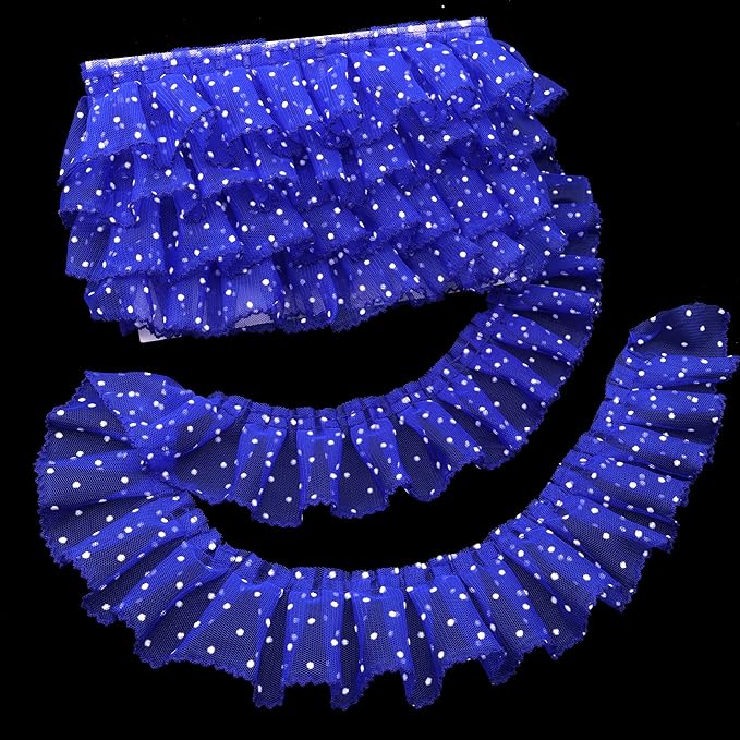 Dots Lace Ruffle Trim for Sew, Crafts 2.4" x5yd Single Layer Pleated Edge Lace Ribbon (Royal Blue)