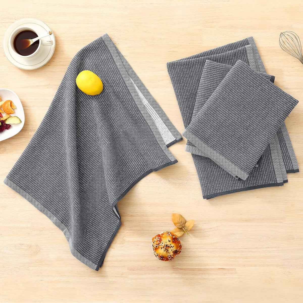 Homaxy Premium Kitchen Towels(18”x 28”, 12 Pack), Large Cotton Kitchen Hand Towels, Flat and Terry Dish Towels, 380 GSM Highly Absorbent Tea Towel Set with Hanging Loop, Grey