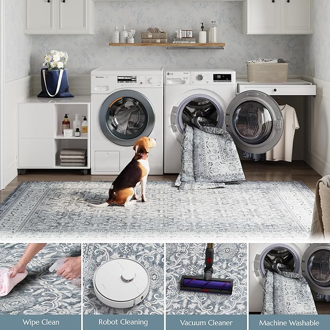 jinchan Floral 8x10 Area Rugs for Living Room - Machine Washable Vintage Distressed Boho Design Throw Rug Stain Resistant Carpet Low-Pile Thin Non-Slip for Bedroom Dining Room Nursery (8‘x10',Grey)