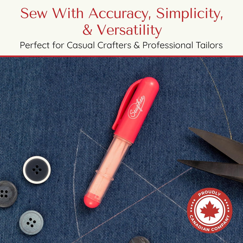 Fabric Markers for Sewing – Ergonomic Tailors Chalk Pen with Improved Dosing Wheel for Sharp Lines - Washable Sewing Chalk Marking Pens that are Compatible with Most Fabrics - White and Pink 2 Pack