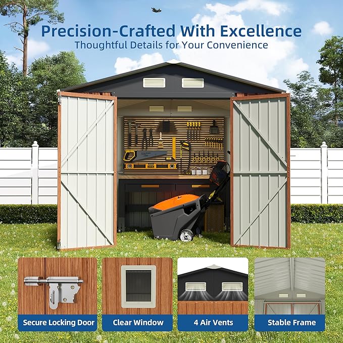 8x6FT Outdoor Storage Shed, Metal Garden Shed with Floor Base, Lockable Doors and Window, Large Tool Shed for Backyard, Patio and Lawn