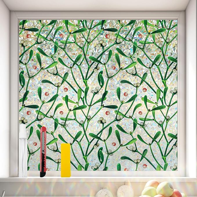 Window Privacy Film Stain Glass Window Film Rainbow Window Film Window clings Non-Adhesive Reusable Decorative for Room (Mistletoe Rainbow, 35.4 x 157.4 in)