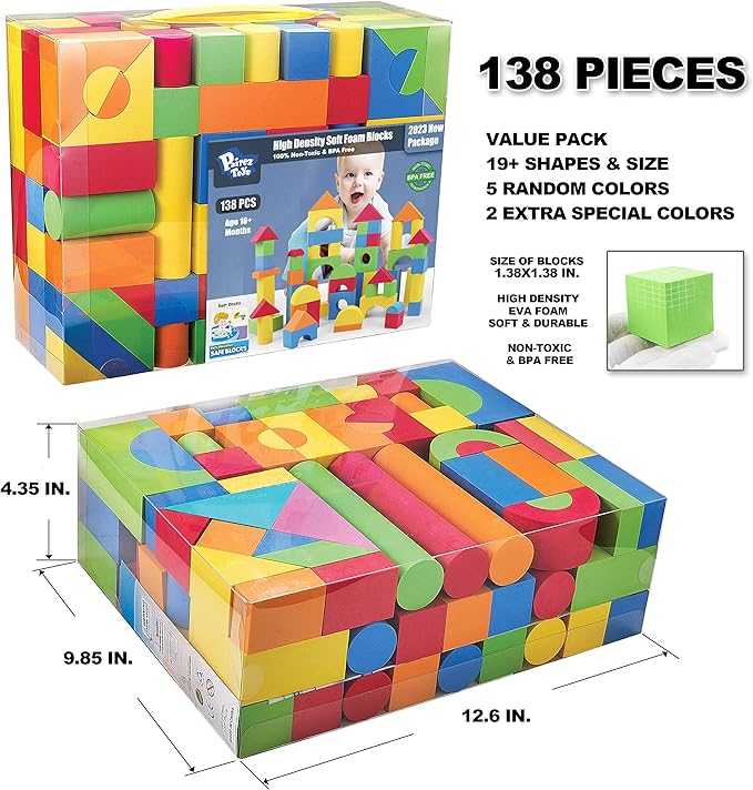 Foam Blocks for Toddlers, 138 Pieces EVA Soft Stacking Building Blocks Toy Set, Early Learning Construction Toys & Gifts for Kids, Boys & Girls 18+ Months 1-3 Years