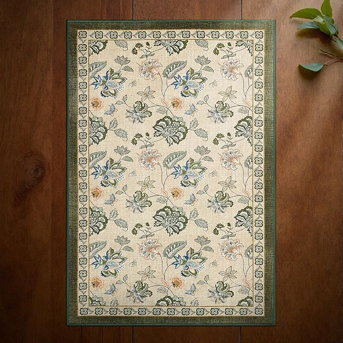 jinchan 2x3 Floral Rug for Entryway Washable Kitchen Rug Vintage Romance Design Small Mat Non Slip Indoor Doormat Lightweight Low-Profile Throw Carpet for Entrance Bathroom Laundry Room, Green/Beige