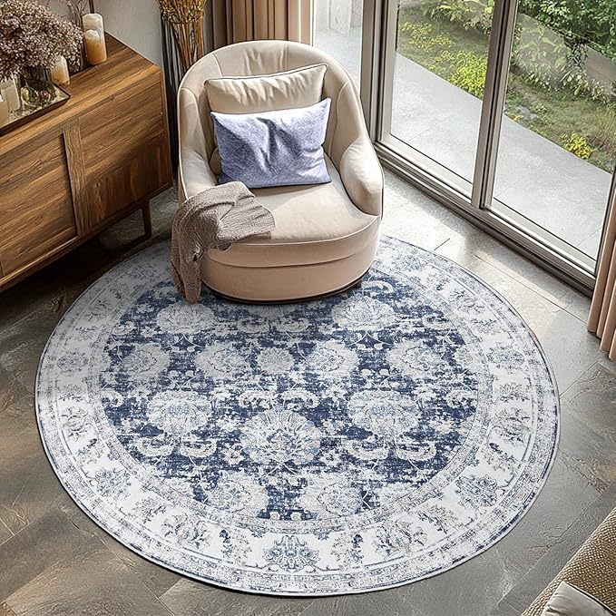 jinchan Round Rug 4ft Area Rugs Vintage Floral Distressed Design - Machine Washable Non-Slip Low-Pile Ultra-Thin Circle Rug for Entryway Bedside Living Room Dining Room Bedroom (4' Round,Dark Blue)