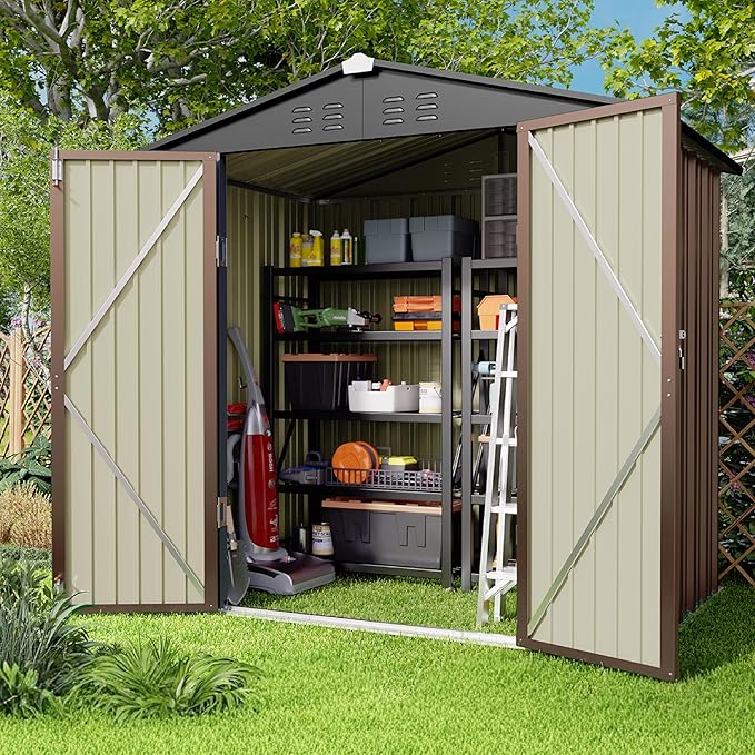 Gizoon Outdoor Storage Shed 6 x 4 FT, Galvanized Metal Garden Shed with Double Lockable Doors, Outdoor Storage Clearance for Backyard Patio Lawn-Light Brown