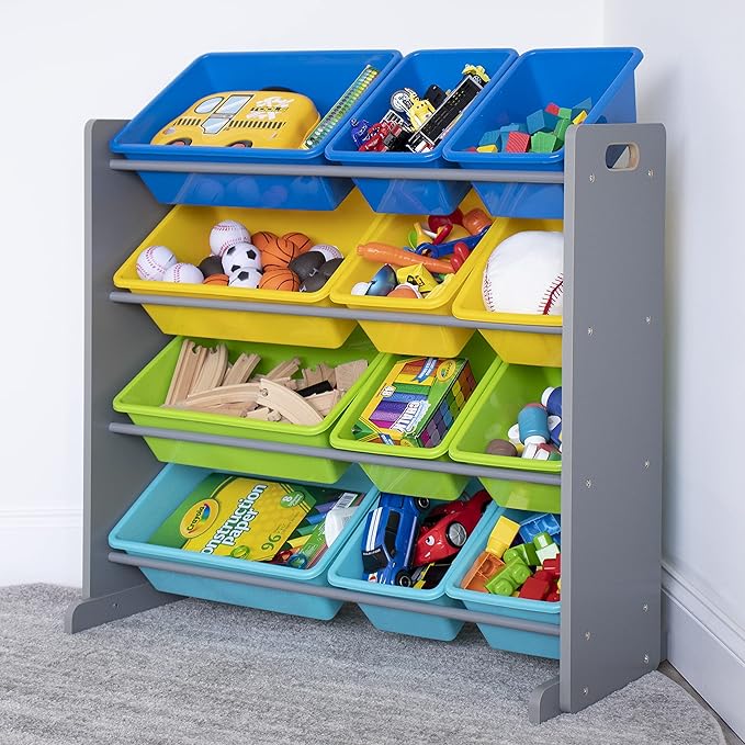 Humble Crew Kids Toy Storage Organizer with 12 Plastic Bins, Grey/Blue/Green/Yellow – Removable Bins for Playroom, Bedroom, Toddler Furniture for Boys and Girls Ages